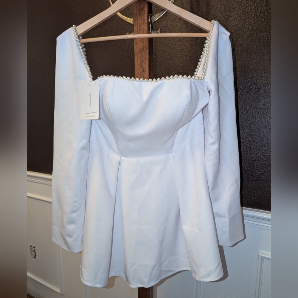 White Pearl-Trimmed Long Sleeve Dress - New Fashion, Size 8, Bridal